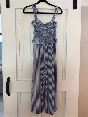Blue and White Striped Ruffle Jumpsuit